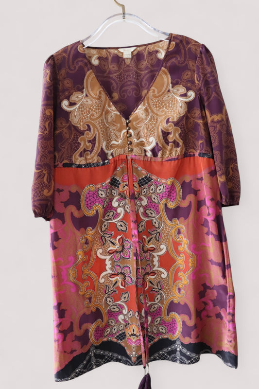 Monsoon Damen Kleid 44 Hippie Muster satinglänzend neuwertig